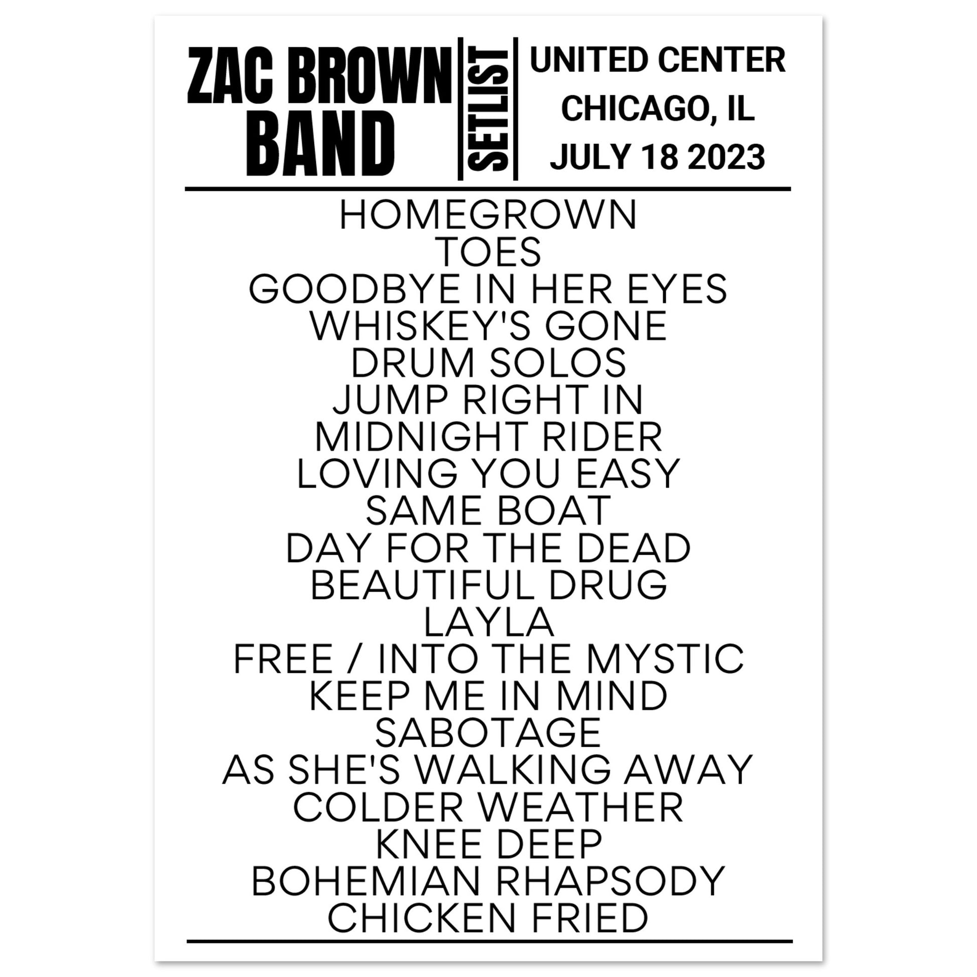 Zac Brown Band Chicago 2023 Setlist Poster Setlist USA