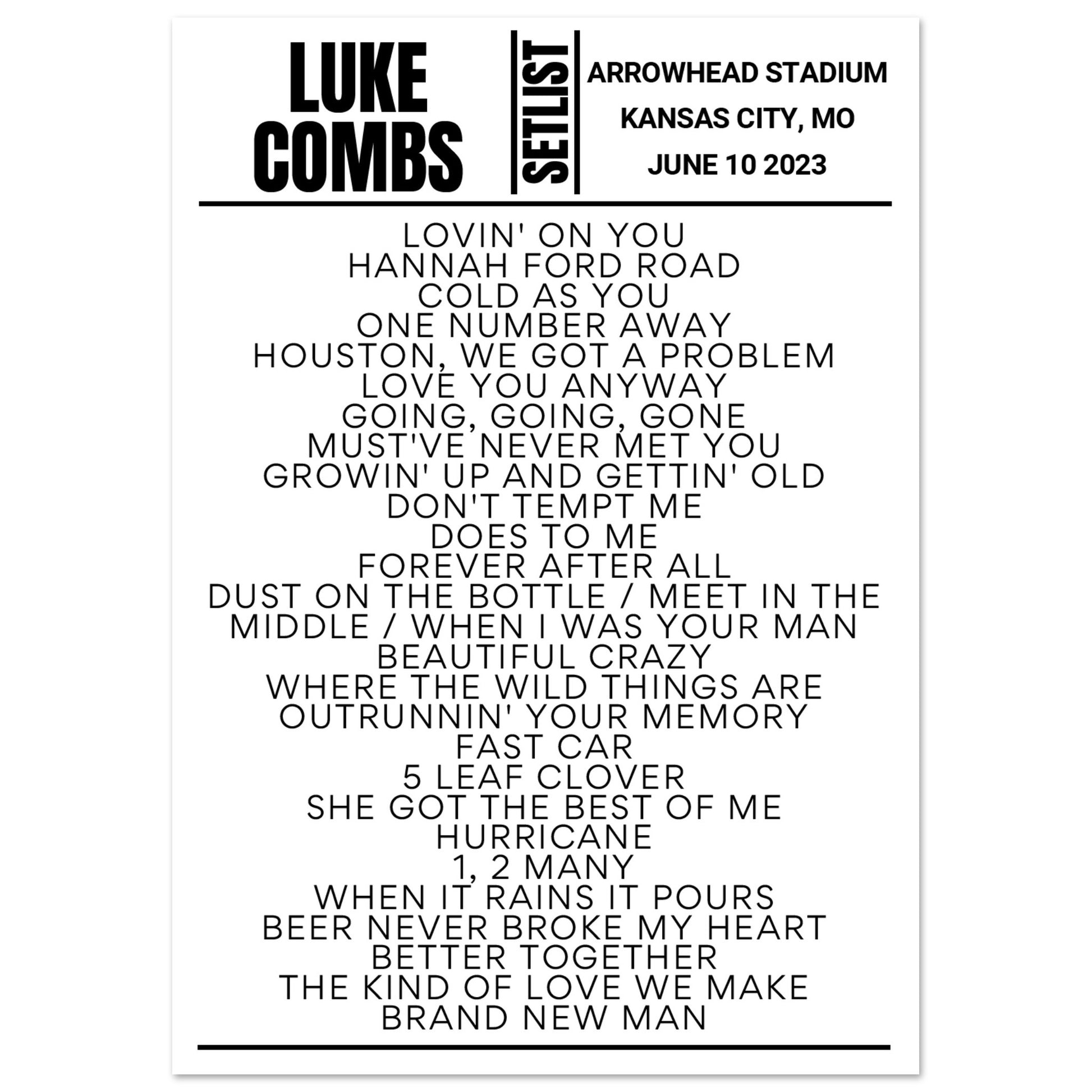 Luke Combs Kansas City 2023 Setlist Poster Setlist USA