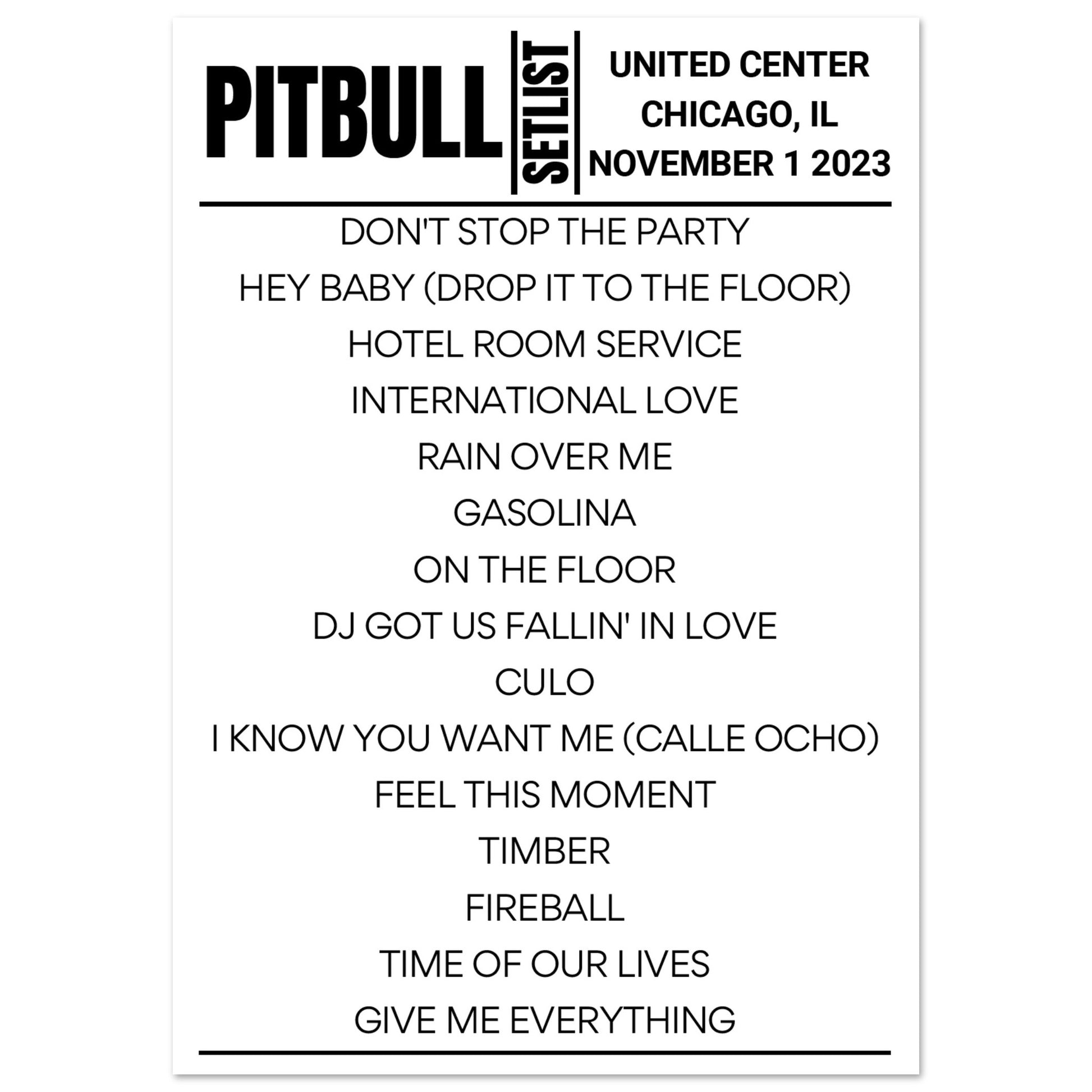 Pitbull Chicago 2023 Setlist Poster Setlist USA