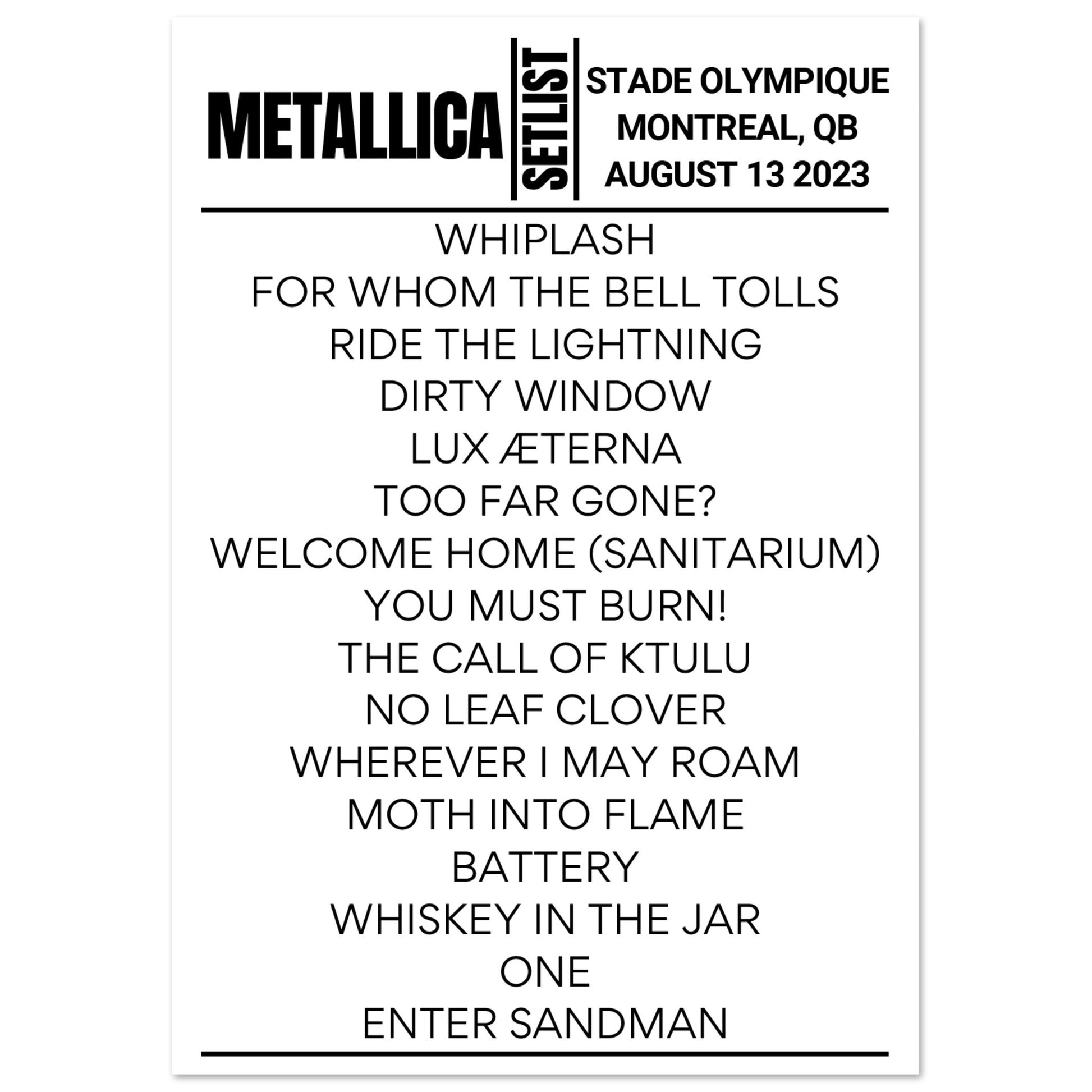 Metallica Montreal 2023 Night 2 Setlist Poster Setlist USA